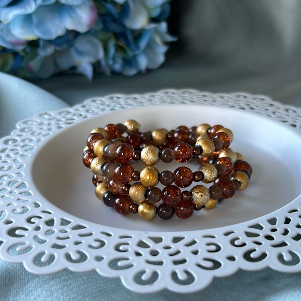 Handcrafted memory wire beaded bracelet, Brown, copper, orange & brown
